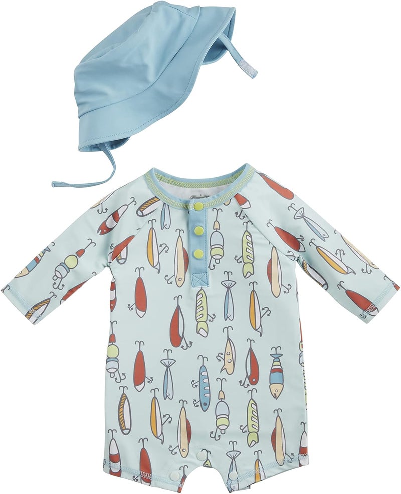 MudPie Baby-Boys Baby Boys Rashguard Swimsuit and Hat Set - Image 1